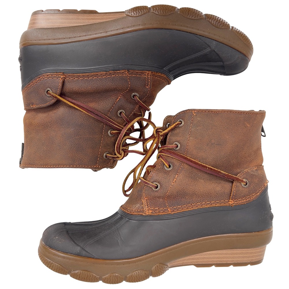 Sperry Saltwater Wedge Womens Duck Boot Tan Brown Leather Rubber Zip 9.5
